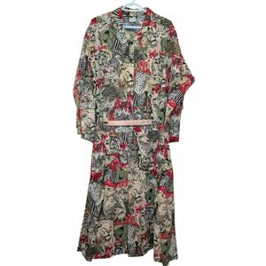 Vintage Reina Safari Animal Print Skirt Set Shirt Matching Size 16